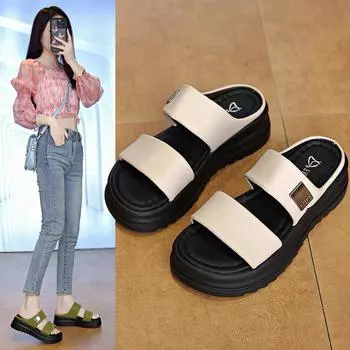Summer Muffin Thick Bottom Metal Buckle One Word Drag Beach Slippers Female Summer Big Size Sandals Slippers Fashion Women Summer Breathable Shoes 34