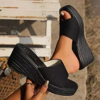 Summer muffin thick bottom slope heel fish mouth one-word drag beach travel vacation sandals fashion 36 чёрный