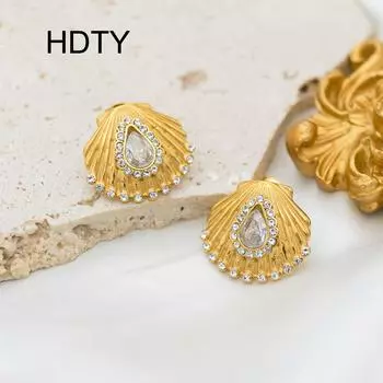 Summer new 18k gold scallop inlaid zircon temperament fashion stud earrings titanium steel marine elements niche design earrings зелёный