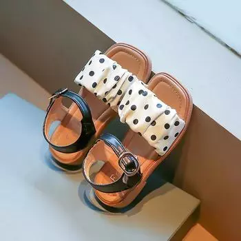Summer New 2024 Children Fashion Ruffled PU Polka Dot Kids Fashion Casual Sandals for Girls Open-toed Cute Simple Japanese Flat 23 чёрный