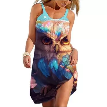 Summer New 3D Owl Pattern Printed Beach Dress Hawaiian Sexy Dress with Shoulder Sleeves Traf Sundress Flower Dress for Women S