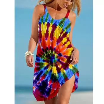 Summer New 3D Printed Colored Flower Short Skirt Sleeveless Dress Loose Casual Wide Edge Hanging Strap Sexy Dress S