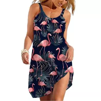Summer New 3D Printed Flamingo Beach Dress Hawaiian Sexy Dress with Backstrap Sleeves Loose Casual Home Women s Clothing S