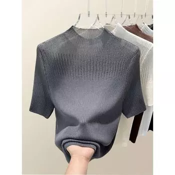 Summer New Arrival Cutout Half Turtleneck Mesh Lace Short Sleeve T-shirt Top Women s Clothing Korean Wear Ice Silk Sweater Hemp Gray [short sleeve] [fabric upgrade]] L