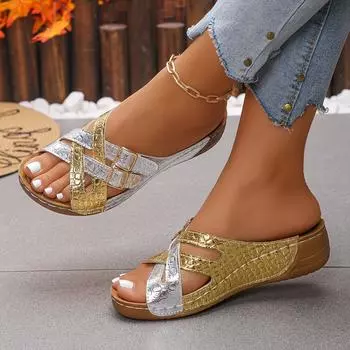 Summer New Arrival European and American Slippers Women s Color Block Sandals Golden Silvery Beach Shoes Large Size Casual Wear Thick Sole Anti-slip 36