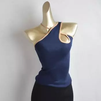 Summer New Arrival Fashion Color Silm Sleeveless Tank Top Spaghetti Straps Knitted Tops Female Dark blue XS