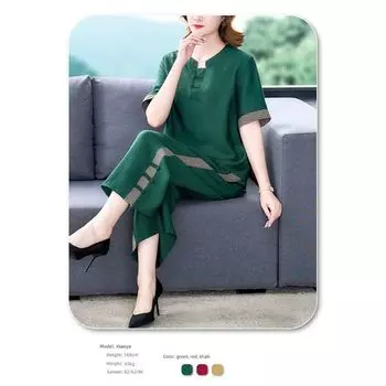 Summer New Arrival Middle-Aged Ladieswear Retro Loose plus Size Women s Clothing Fashion Wear Short Sleeve Tops Cropped Pants Two-piece Set Green 5XL Proposal [90.00 kg-100.00 kg]]