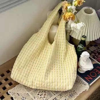 Summer New Arrival Mint Green Gingham Canvas Bag Ins Fresh One-Shoulder Candy Color Artsy Easiest for Match Fairy Bag Lemon yellow