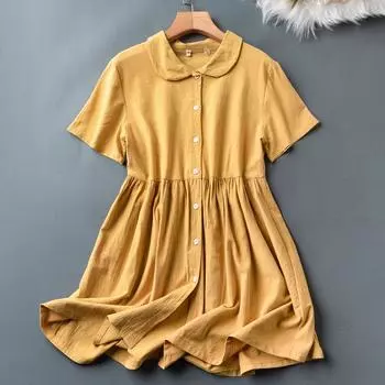 Summer New Arrival Pure Color Classy Easiest for Match Single-Breasted Minimalist Fashion Polo Collar Short Sleeve A- line Midi Dress Dark yellow L