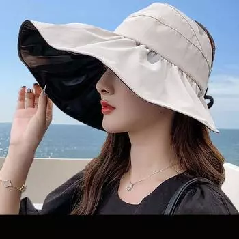 Summer New Arrival Vinyl Topless Hat Large Brim UV Protection Sun Hat Breathable and Portable Foldable Ponytail Beige Wind-proof rope
