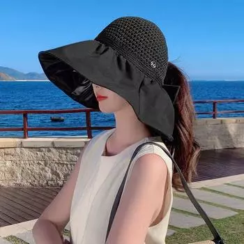 Summer New Arrival Women s Sun-Proof Bucket Hat Black Rubber Big Brim UV Protection Sun Hat Can Tie Ponytail Topless Hat Carbon ink black