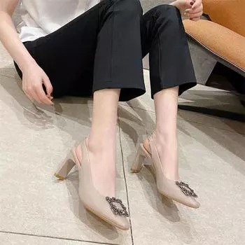 Summer new backspace thick heel high heels patent leather square buckle single shoes women s professional OL bag head sandals 34 чёрный