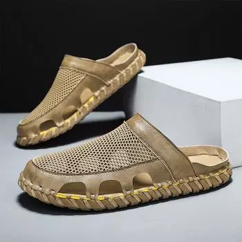 Summer new bag head slippers men s breathable hollow mesh one pedal cool slippers men s casual sand Shoes 38 чёрный