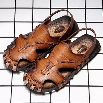 Summer new Baotou large size men s handmade casual sandals non-slip outdoor beach vacation two Shoes 38 коричневый