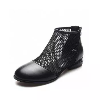 Summer new black first-layer cowhide mesh boots round head comfortable flat-soled women s shoes breathable mesh Roman cool boots 35