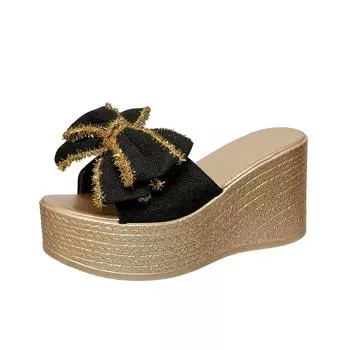 Summer new bow wedge heel fish mouth fashionable thick bottom foreign trade large size comfortable beach slippers women s spot 35