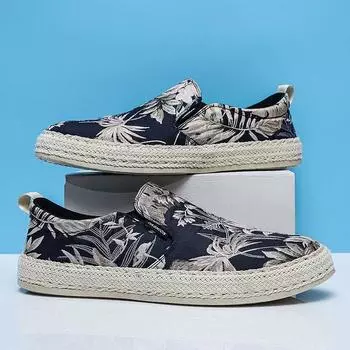 Summer New Breathable Fabric Slip-on Loafers Sneakers Casual Shoes Men Low Top Flower Print Canvas Men s Shoes Adult 39 чёрный