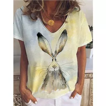 Summer New Casual Daily Versatile Pattern Rabbit 3D Printed Short Sleeved V-neck T-shirt XS