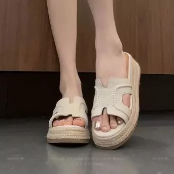 Summer new casual outer wear women s slippers soft leather niche apricot one pedal low heel one-word drag 34