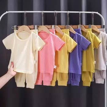 Summer New Children s Home Clothes Casual Men s and Women s Clothing Solid Color Set Children s Pajamas Children s Clothing 80cm