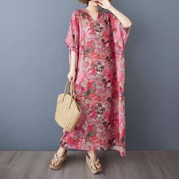 Summer New Color Vacation Style V-neck Retro Long Dress One size