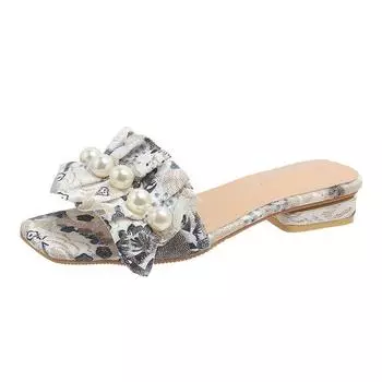 Summer New Cool Drag Women Outside Fashion Round Toe Open Toe Soft Sole Non-slip Casual Bow Plus Size Slip Slippers 35 бежевый