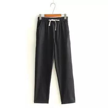 Summer New Cotton and Linen Cropped Pants Men s Loose Haren Pants Casual Thin Style M чёрный