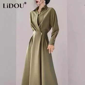 Летние новые элегантные модные однотонные простые длинные платья с высокой талией для женщин с воротником-поло, стильные универсальные платья Vestidos De Fiesta L синий