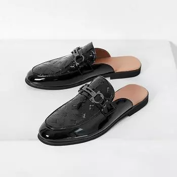 Summer new embossed bright leather bag head half slippers men s shoes small leather shoes breathable large size slippers fashionable men s sandals 38