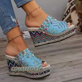 Summer New Ethnic Style Embroidered Slope Heel Thick Sole Sandals Designer with Multi Colored Beads Dropping Slope Heel Slippers 36 небесно-голубой