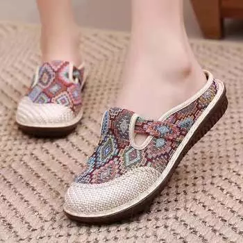 Summer new ethnic style old Beijing cloth shoes breathable bag head slippers breathable women s shoes soft sole casual home shoes 35