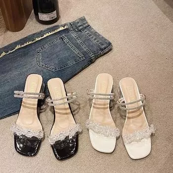 Summer new fairy wind transparent middle heel open toe word with high heel sandals women large size square head thick heel sandals women 35