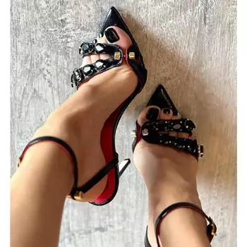 Summer New Fashion Gem Rivet Narrow Band Women s Metal Thih High Heels Sandals Sexy Pointed Open Toe Party Dress Shoes Size 41 35