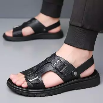 Summer New Fashion Men Sandals Crocodile Pattern Patented Leather Beach Slippers Male Non-slip Soft Comfortable Outdoor Shoes 38