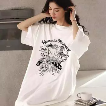 Summer New Fashion Mid-length Large-sized Slit Printed T-shirt Long Dress Long Knee-length Dress M белый