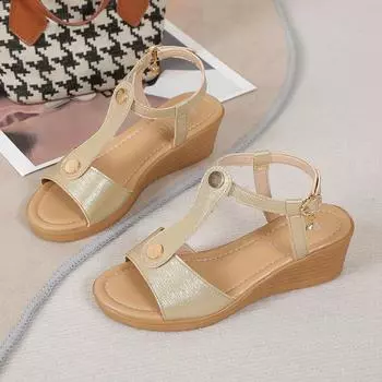 Summer New Fashion Sandals Women s Wedge Soft Sole Metal Buckle Large Size Line with Women s Shoes 35 золотой