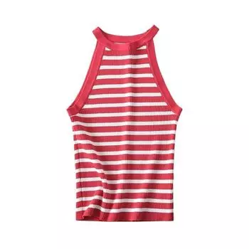 Summer New Fashion Trendy Sleeveless Hanging Collar Tops Striped red L