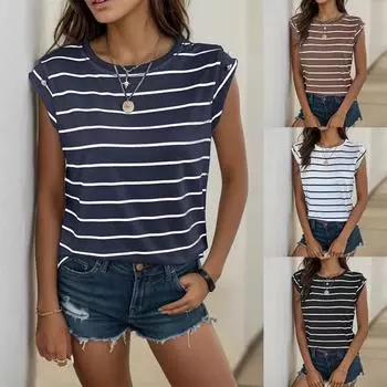Летняя новая модная женская футболка в полоску без рукавов с трансграничным краем S чёрный