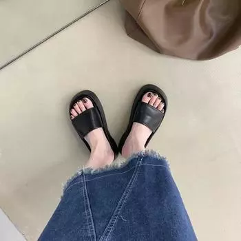 Summer new fashionable and simple one-word slippers women s thick-soled outer wear flat-soled cool slippers trendy women s shoes 35