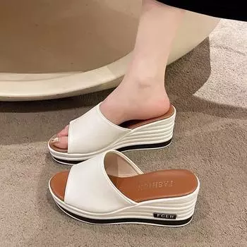 Summer new fish mouth wedge slippers women s wear fashion casual one-word drag large size women s sandals 35