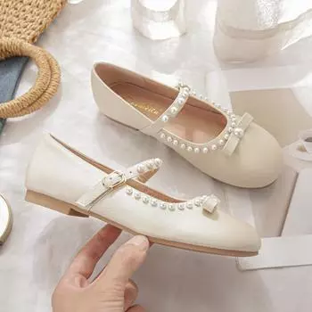 Summer new flat-bottomed flat-heeled round head Korean version of pearl bow simple and versatile comfortable large-size single shoes 33 абрикосовый