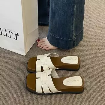 Summer new flat-bottomed versatile square head slippers women s casual fashion with skirts niche women s shoes trend 35