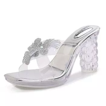 Summer new flower thick heel sandals women s transparent one-word strap high heels rhinestone bow fish mouth open-toed princess shoes 35