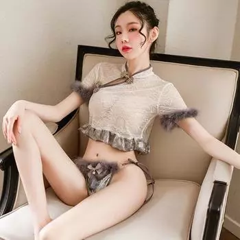 Летний новый забавный Douyin сексуальный четкий рифм классический разрез перспектива кружевной набор ципао с разрезом Average size
