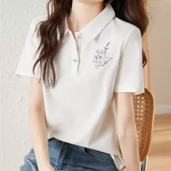 Летняя новая высококачественная вышитая цветочная модная футболка с короткими рукавами и лацканами, женская короткая рубашка-поло с воротником-полурукавом, верхняя одежда M белый