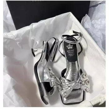 Летние новые женские туфли на высоком каблуке со стразами и бантом, квадратные босоножки с толстыми перекрестными ремешками и пряжкой в одну линию 35 светло-синий