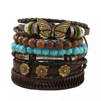 Summer new hot fashion sells butterfly plum blossom turquoise chicken wing wood handwoven personalized bracelet six-piece set разноцветный