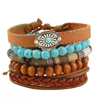 Summer new hot sale simple fashion bohemian small flower turquoise beaded wooden bead five-piece bracelet разноцветный