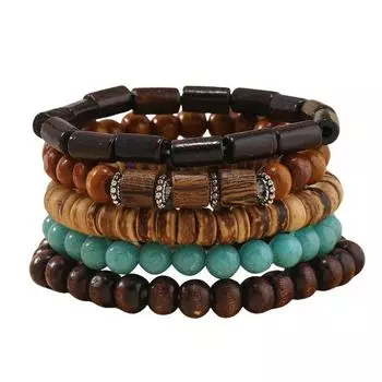 Summer new hot sale simple fashion turquoise beaded wooden beads five-piece personalized bracelet разноцветный