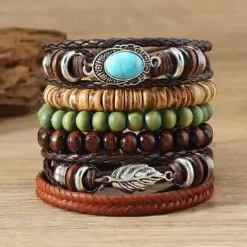 Summer new hot-selling literary and retro turquoise leaves wooden beads beaded personalized hand-woven leather bracelet разноцветный